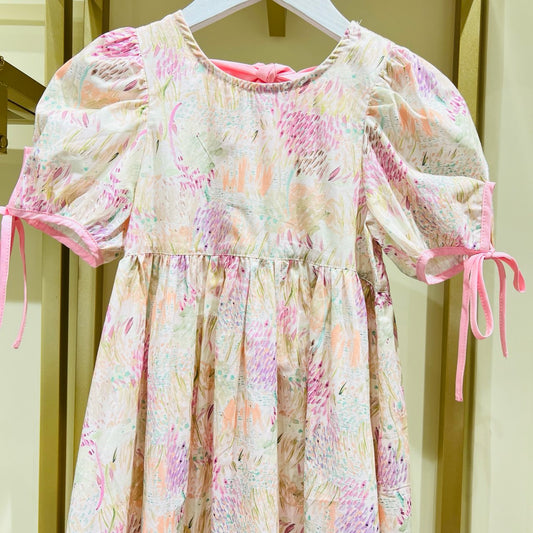 Girls’ Pastel Puff Sleeve Cotton Dress – Comfortable Everyday Wear