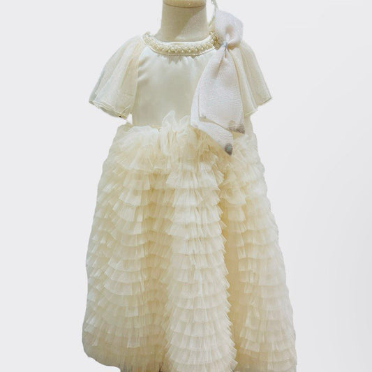 Yellow Pearl Ruffle Dress with Statement Bow