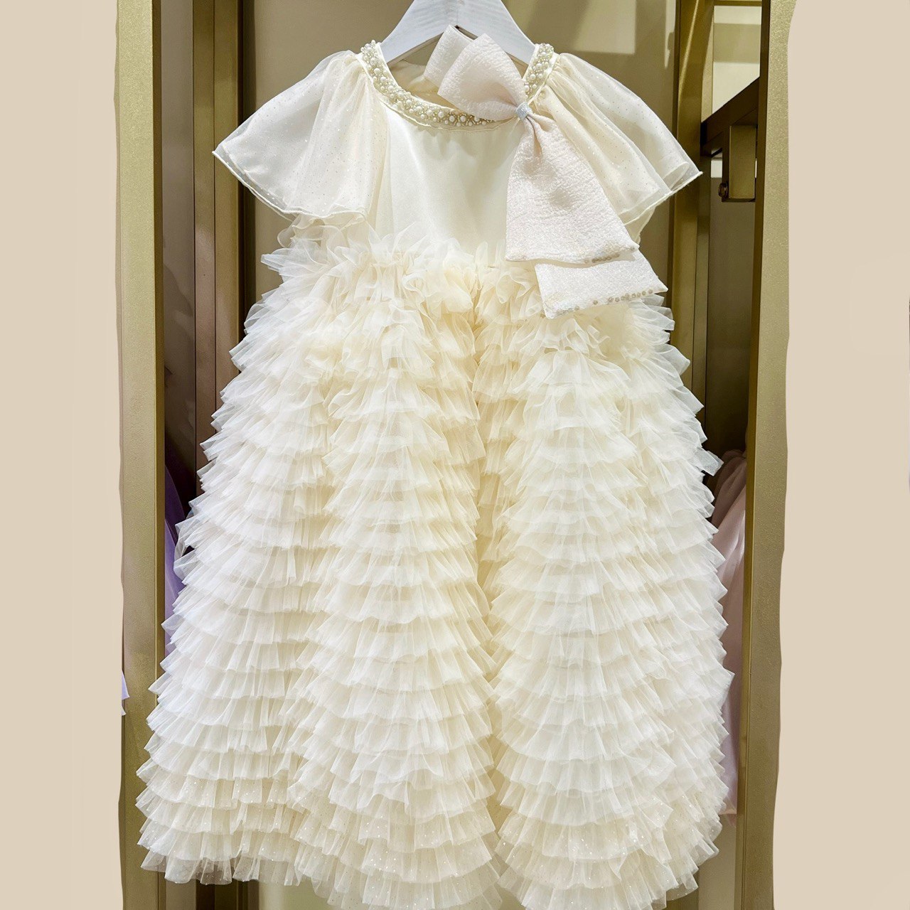Yellow & Purple Pearl Ruffle Dress with Statement Bow