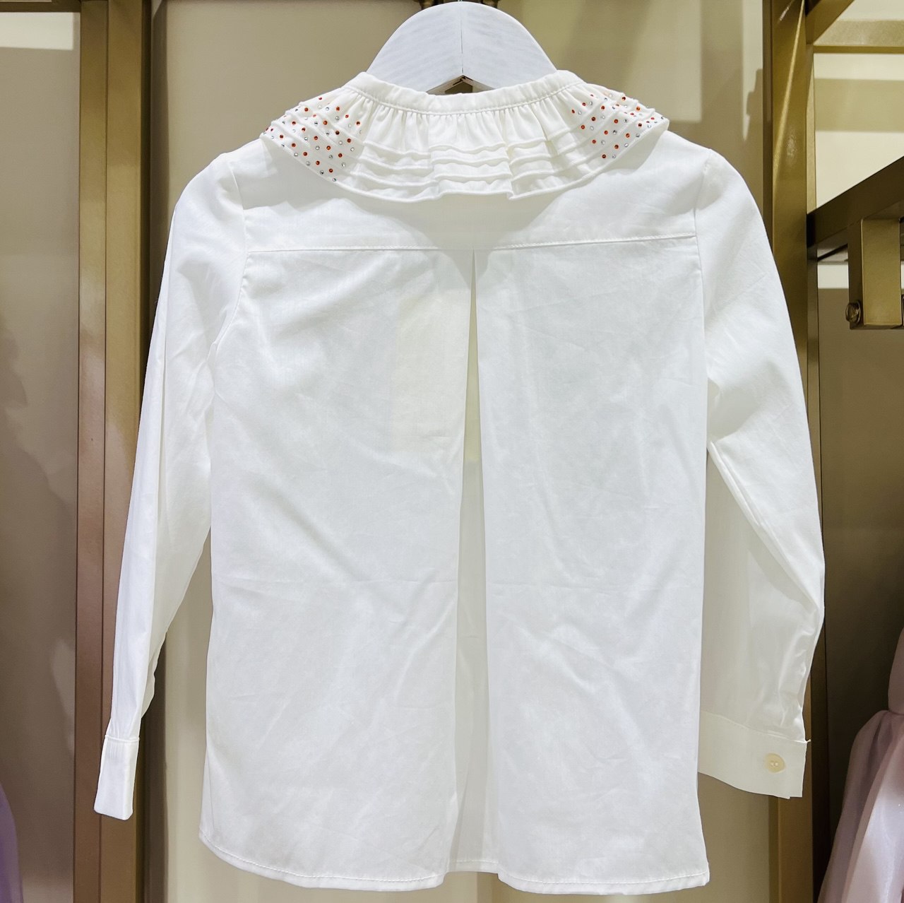 Kid's White Long Sleeve Blouse with Beads on Collar