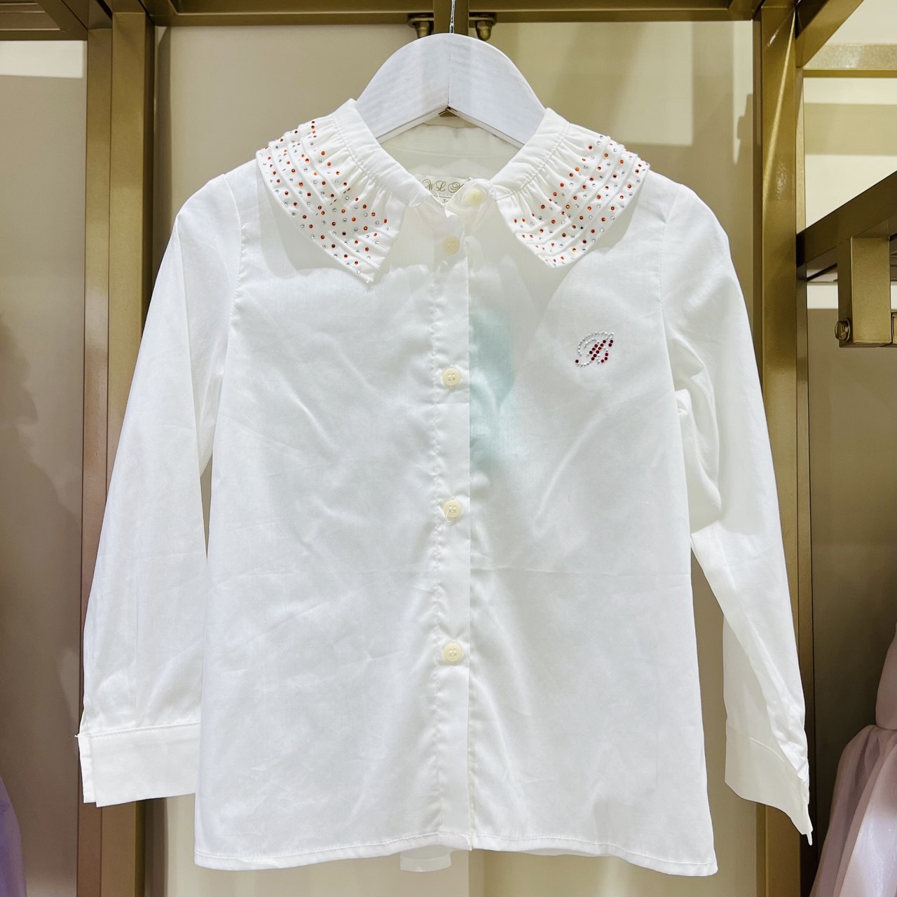 Kid's White Long Sleeve Blouse with Beads on Collar