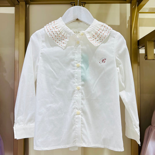 Kid's White Long Sleeve Blouse with Beads on Collar