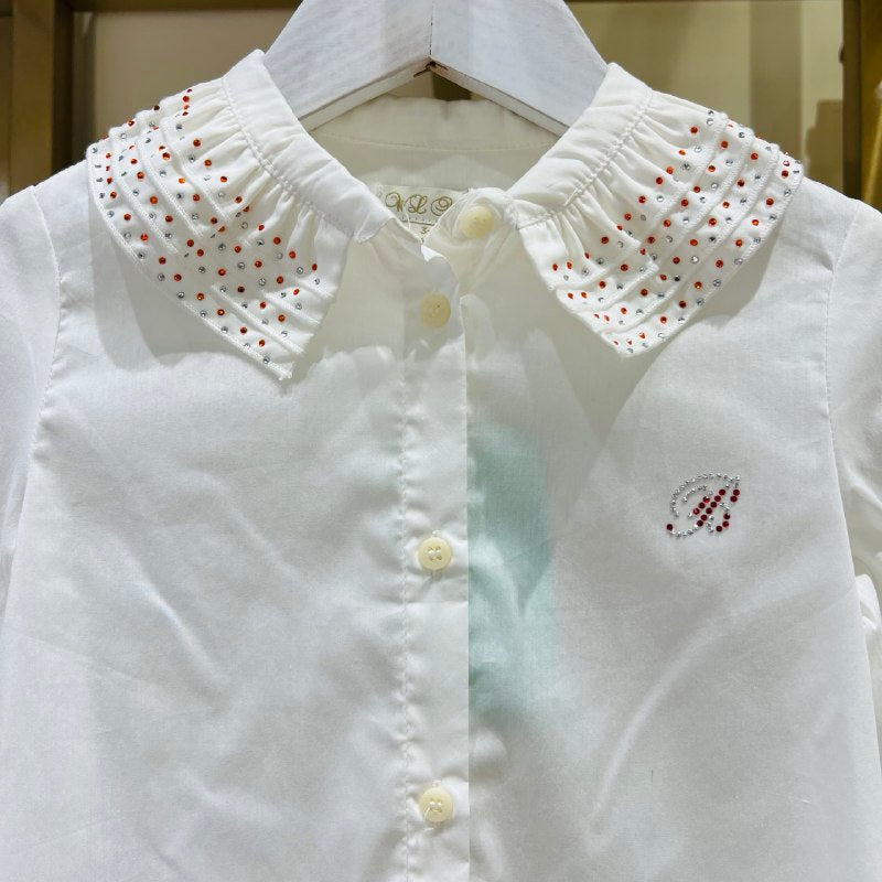 Kid's White Long Sleeve Blouse with Beads on Collar