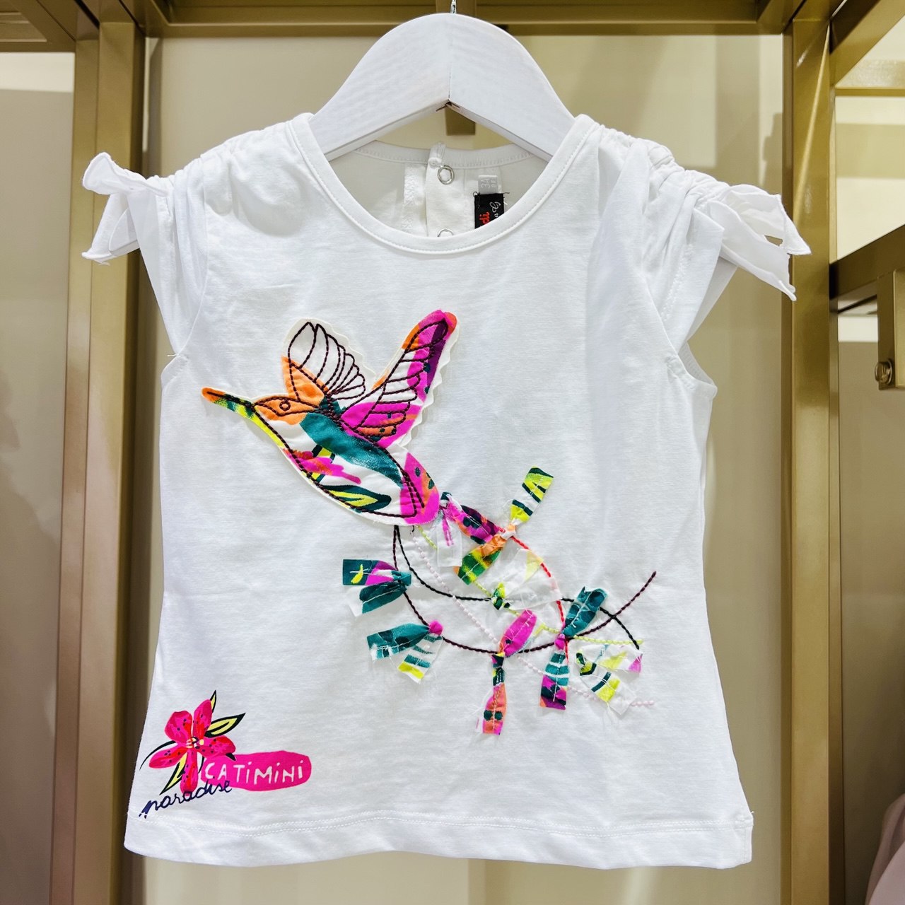 Kid's White T-Shirt with Embroidered Bird