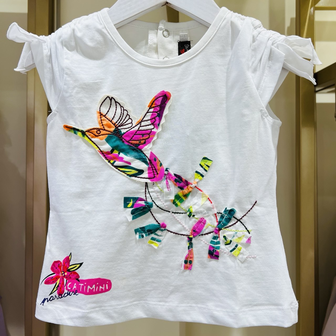 Kid's White T-Shirt with Embroidered Bird