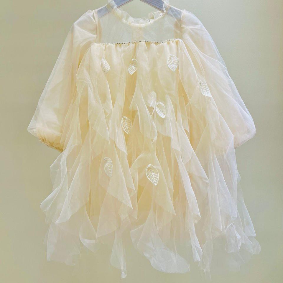 Ivory Dream Layered Tulle Dress with Leaf Embellishments