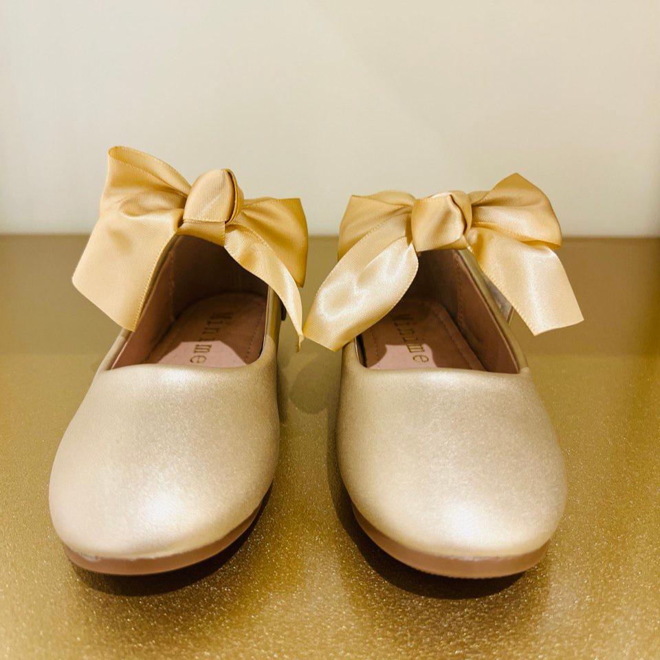 Gold Mary Jane Shoes with Satin Bow