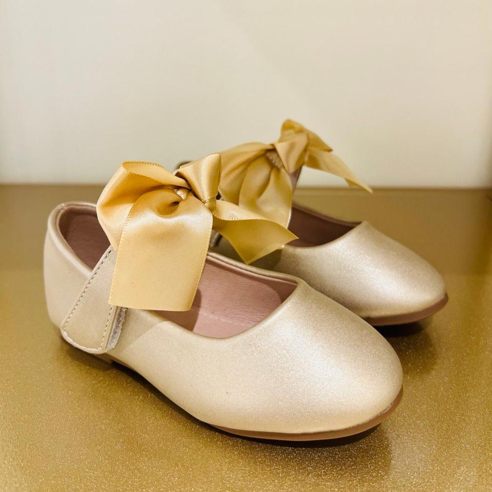 Gold Mary Jane Shoes with Satin Bow