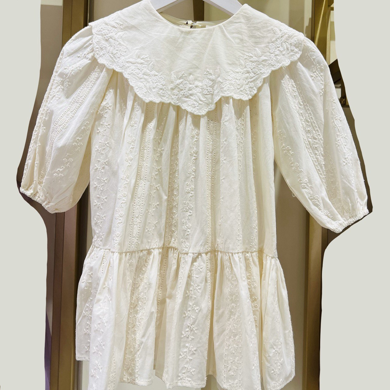 Delicate Cream Embroidered Long-Sleeve Dress