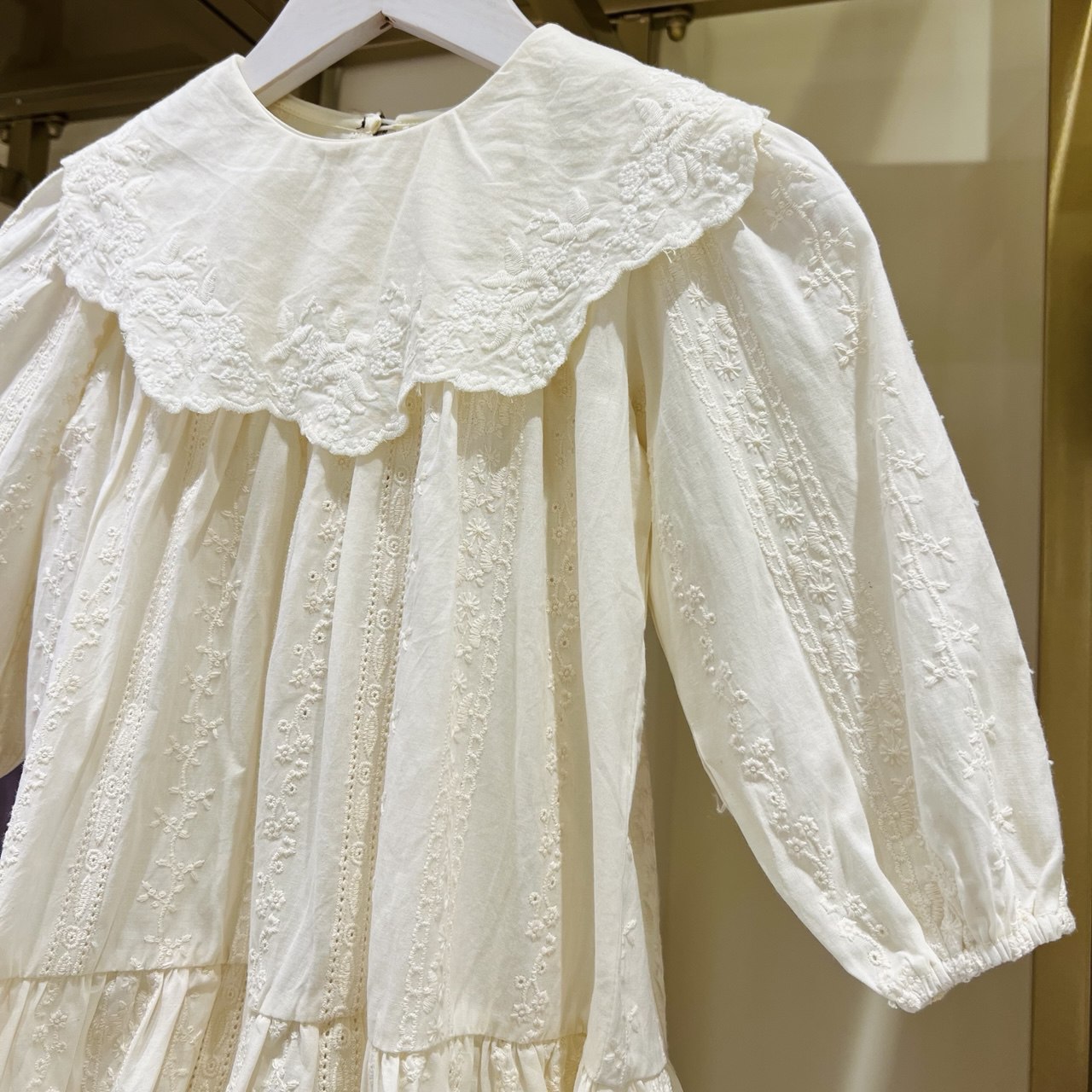 Delicate Cream Embroidered Long-Sleeve Dress