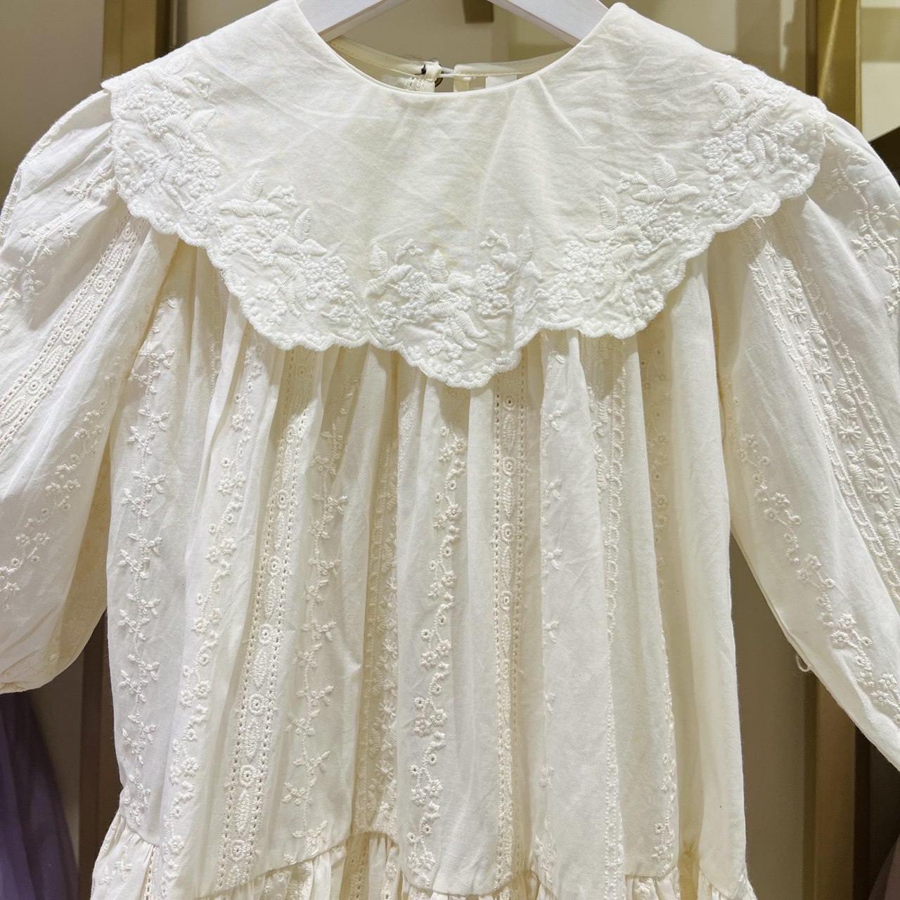 Delicate Cream Embroidered Long-Sleeve Dress