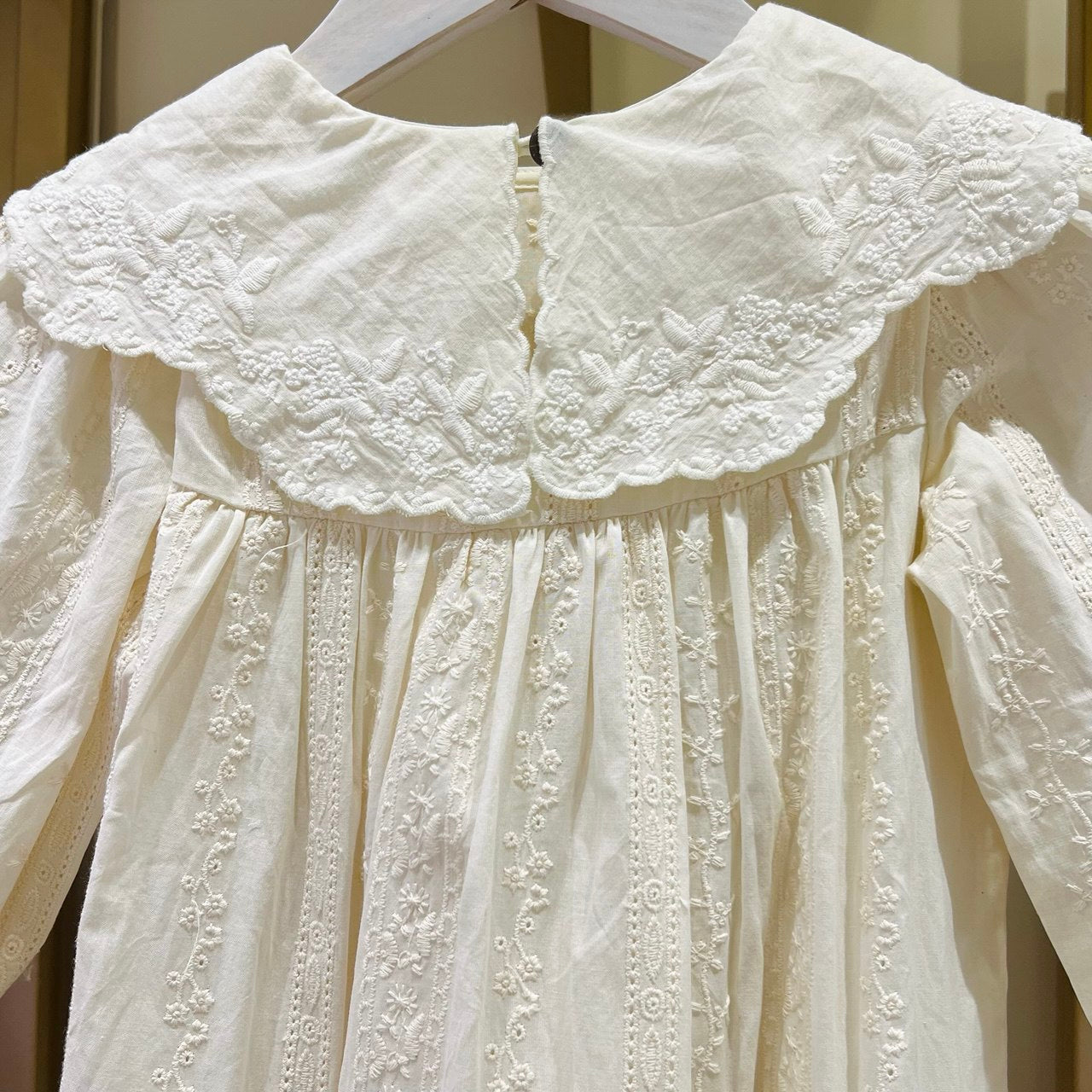 Delicate Cream Embroidered Long-Sleeve Dress