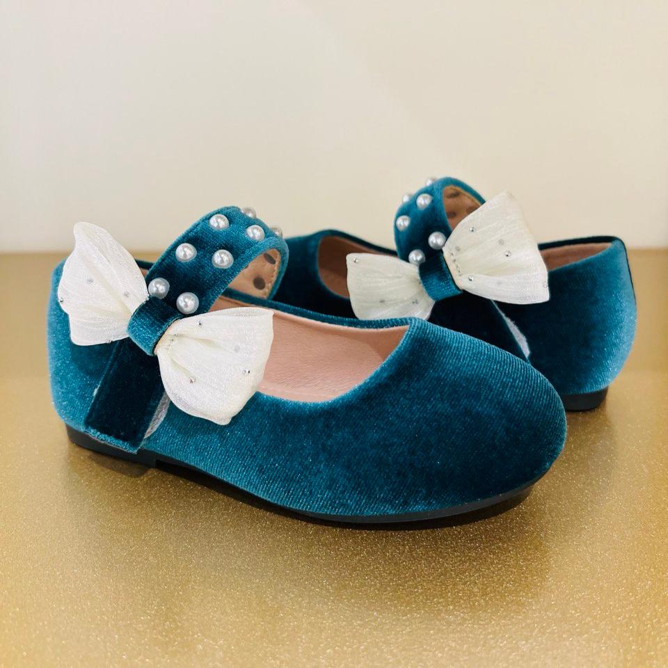 Velvet Bow Flats with Pearl-Studded Strap