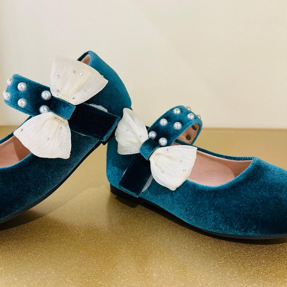 Velvet Bow Flats with Pearl-Studded Strap