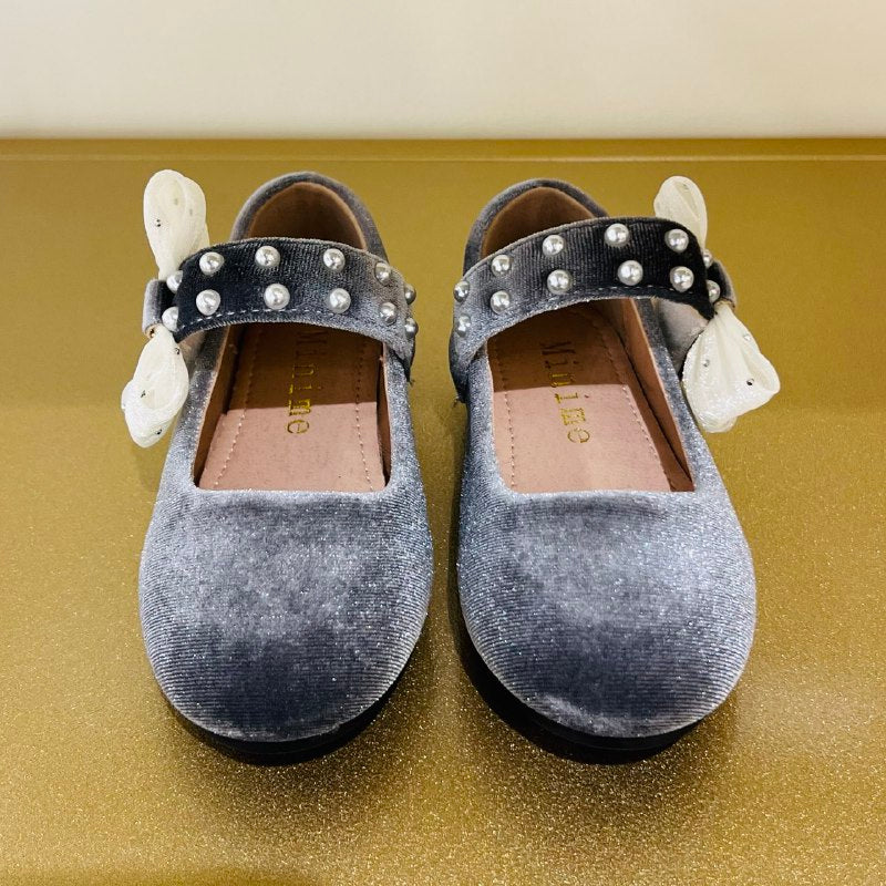 Velvet Bow Flats with Pearl-Studded Strap