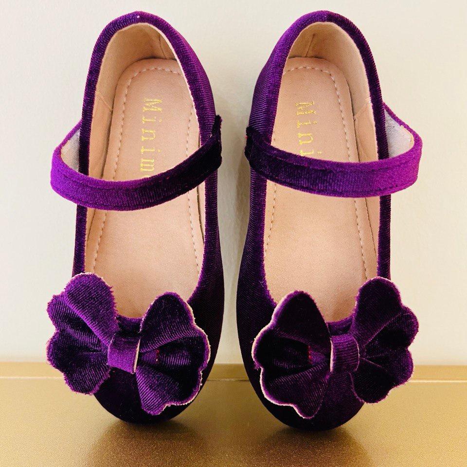 Plum Velvet Bow Flats with Adjustable Strap