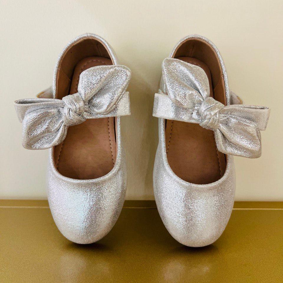 Silver Glitter Ballet Flats with Ribbon Bow