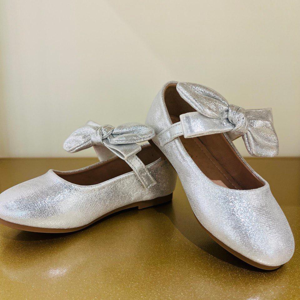 Silver Glitter Ballet Flats with Ribbon Bow
