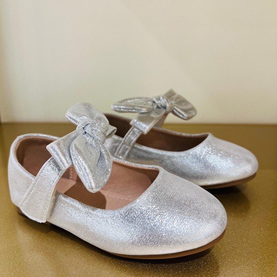 Silver Glitter Ballet Flats with Ribbon Bow