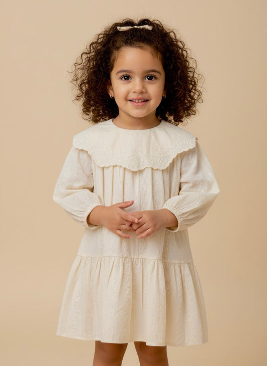 Delicate Cream Embroidered Long-Sleeve Dress