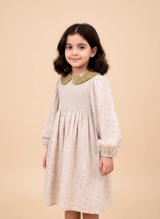 Linen Dress for Girls with Embroidered Collar - Long Sleeve