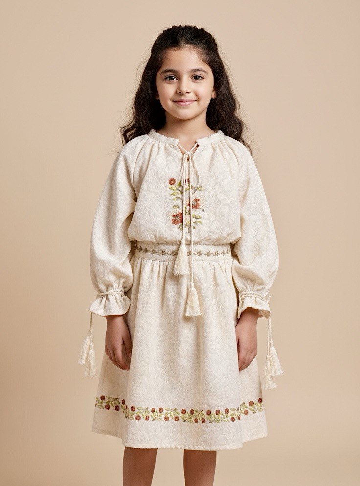 Embroidered Boho Dress for Girls - Long Sleeve, Tassel Ties