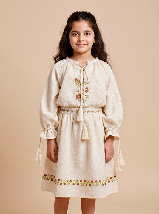 Embroidered Boho Dress for Girls - Long Sleeve, Tassel Ties