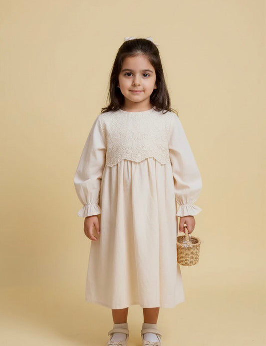 Cream Embroidered Cotton Dress