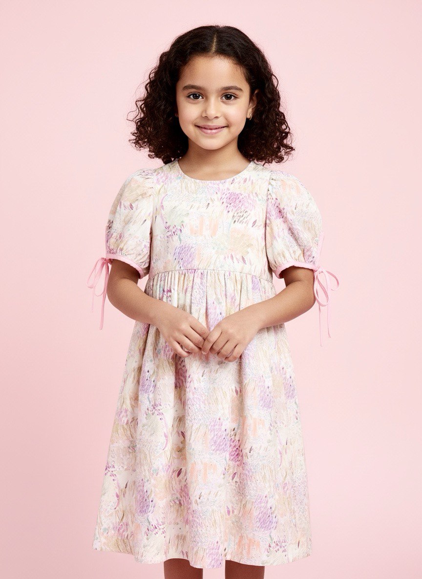 Girls’ Pastel Puff Sleeve Cotton Dress – Comfortable Everyday Wear
