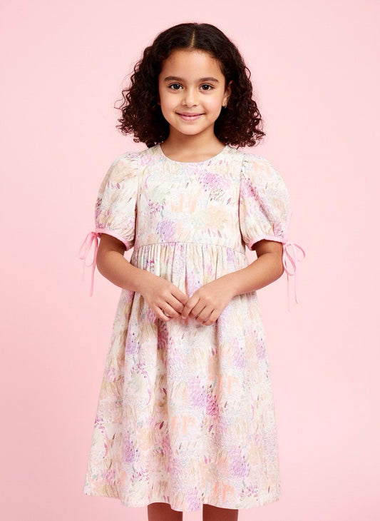 Girls’ Pastel Puff Sleeve Cotton Dress – Comfortable Everyday Wear