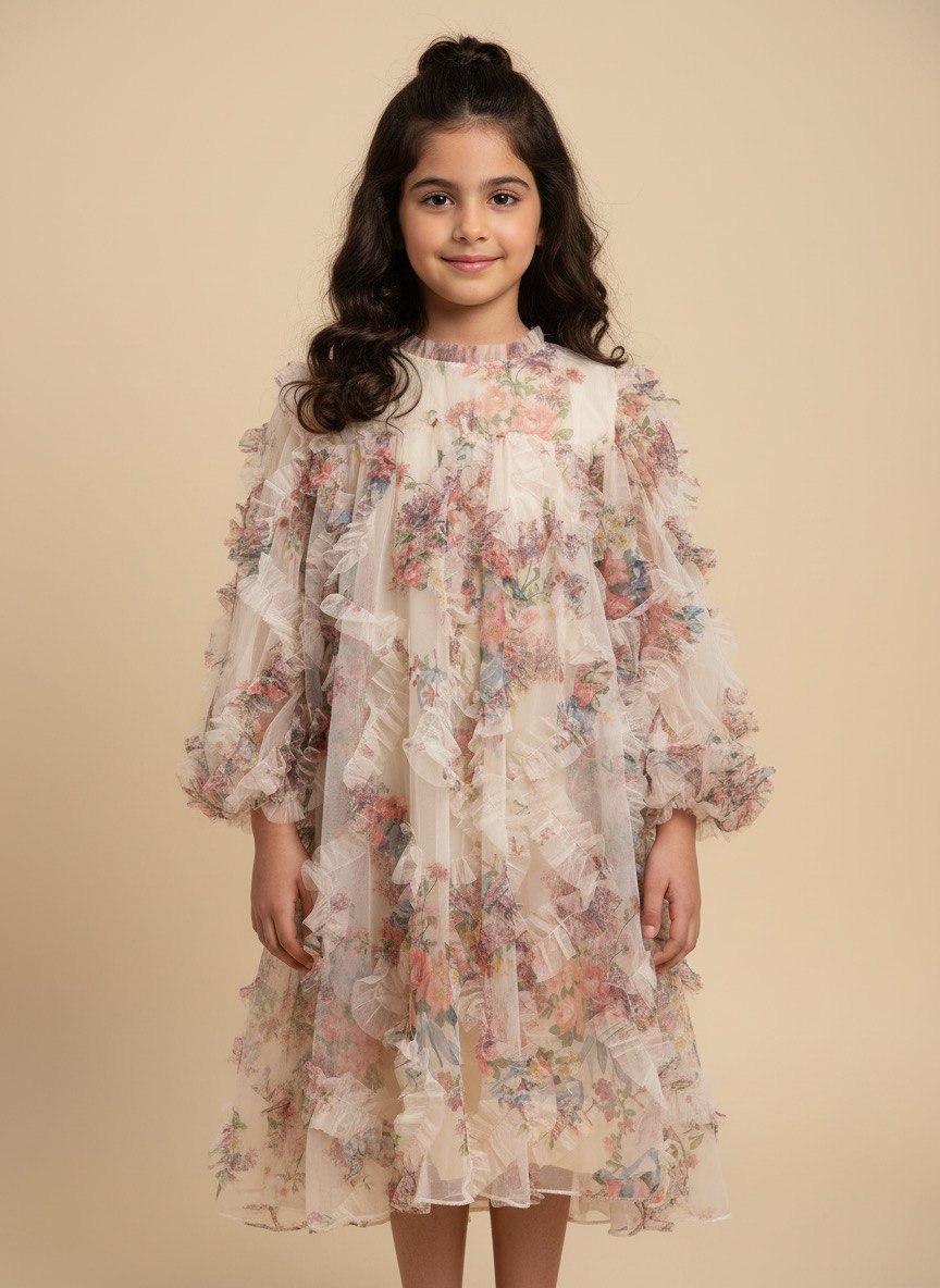 Girls' Floral Ruffle Dress – Lightweight Layered Tulle Party Dress