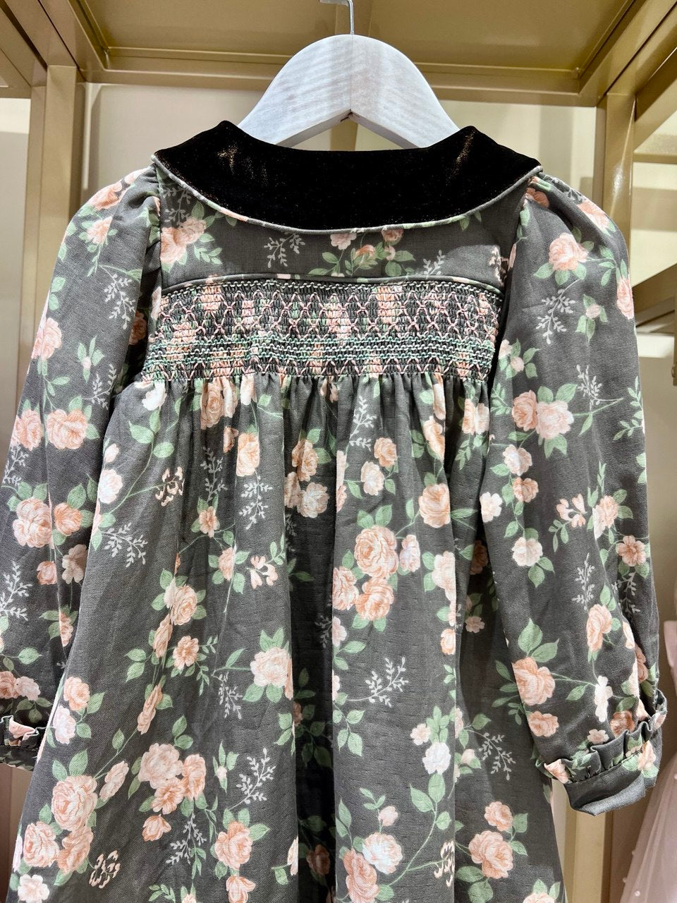 Velvet Collar Smocked Floral Dress