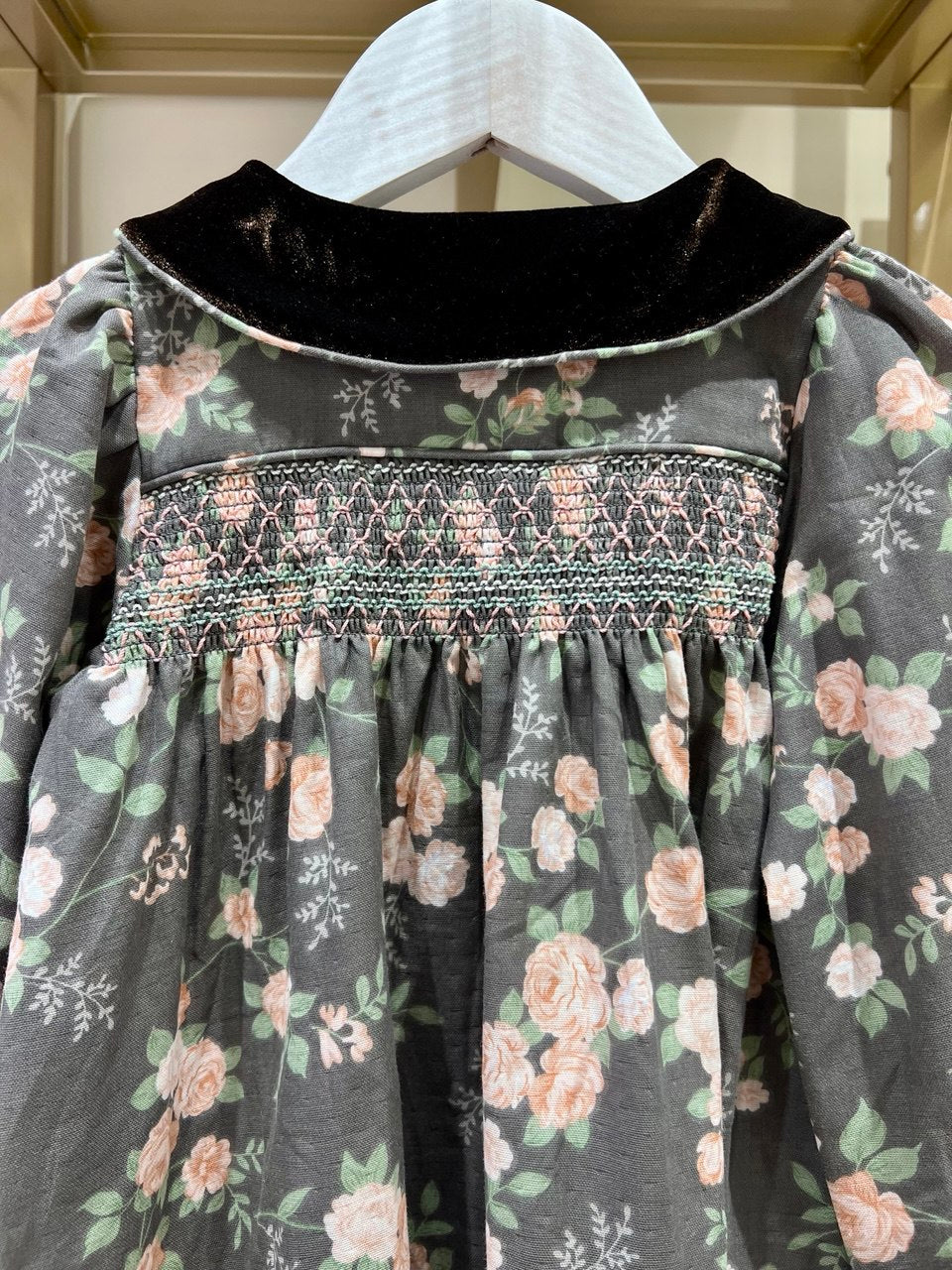 Velvet Collar Smocked Floral Dress