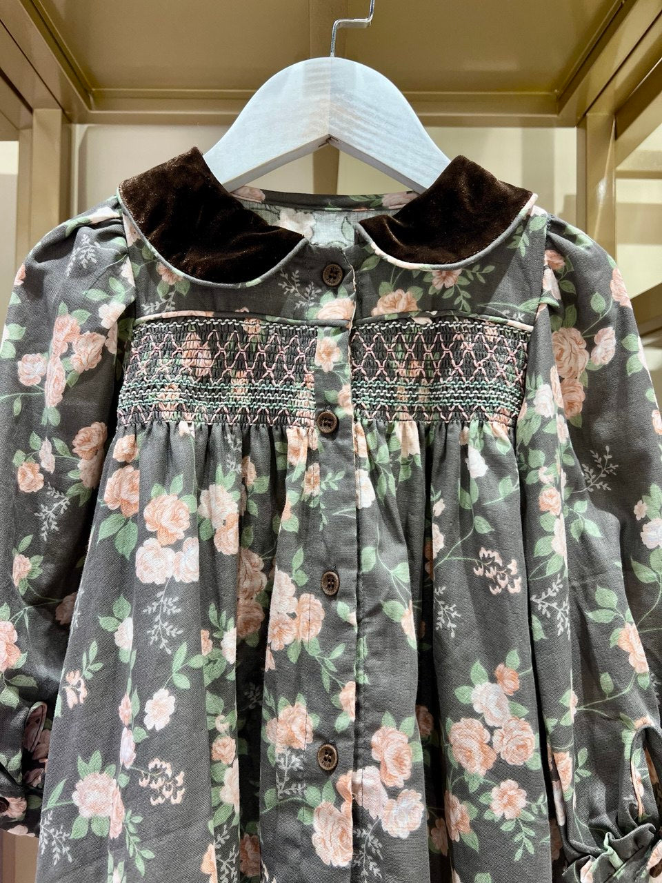 Velvet Collar Smocked Floral Dress