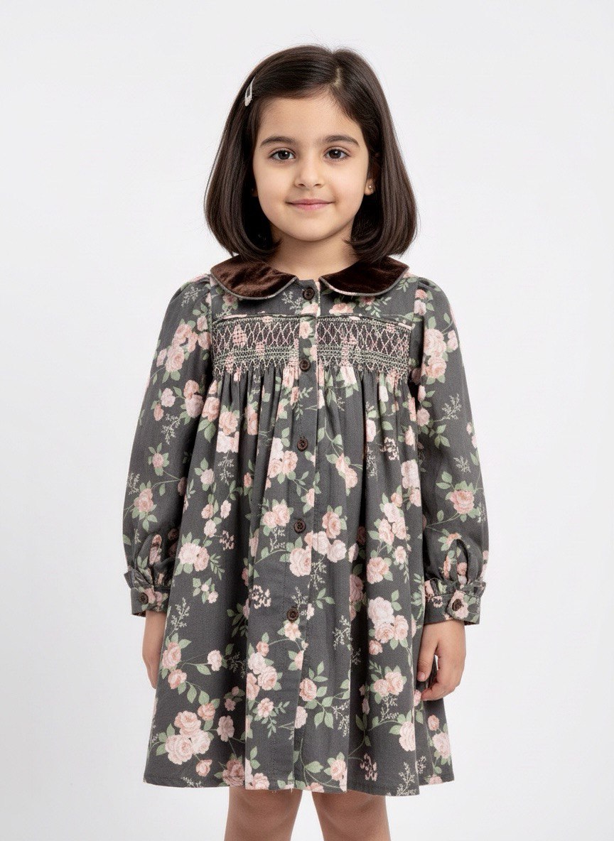 Velvet Collar Smocked Floral Dress