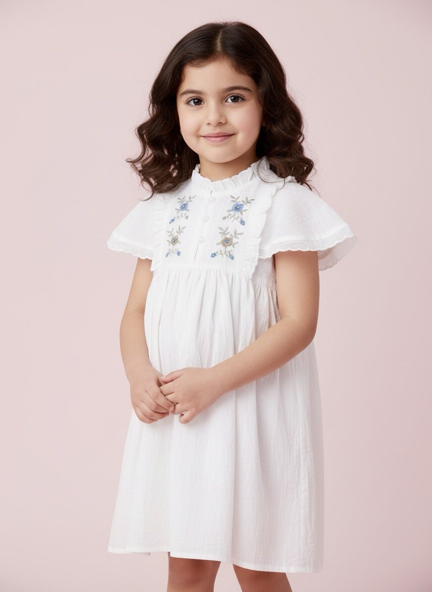 Embroidered Flutter Sleeve Dress