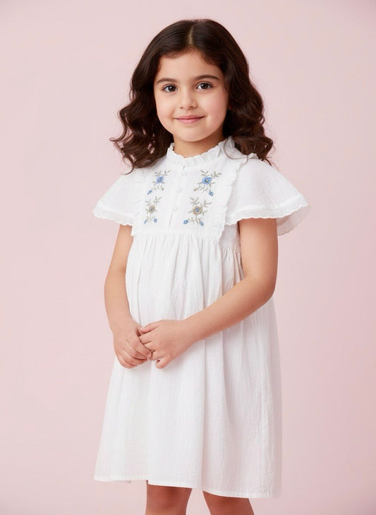Embroidered Flutter Sleeve Dress