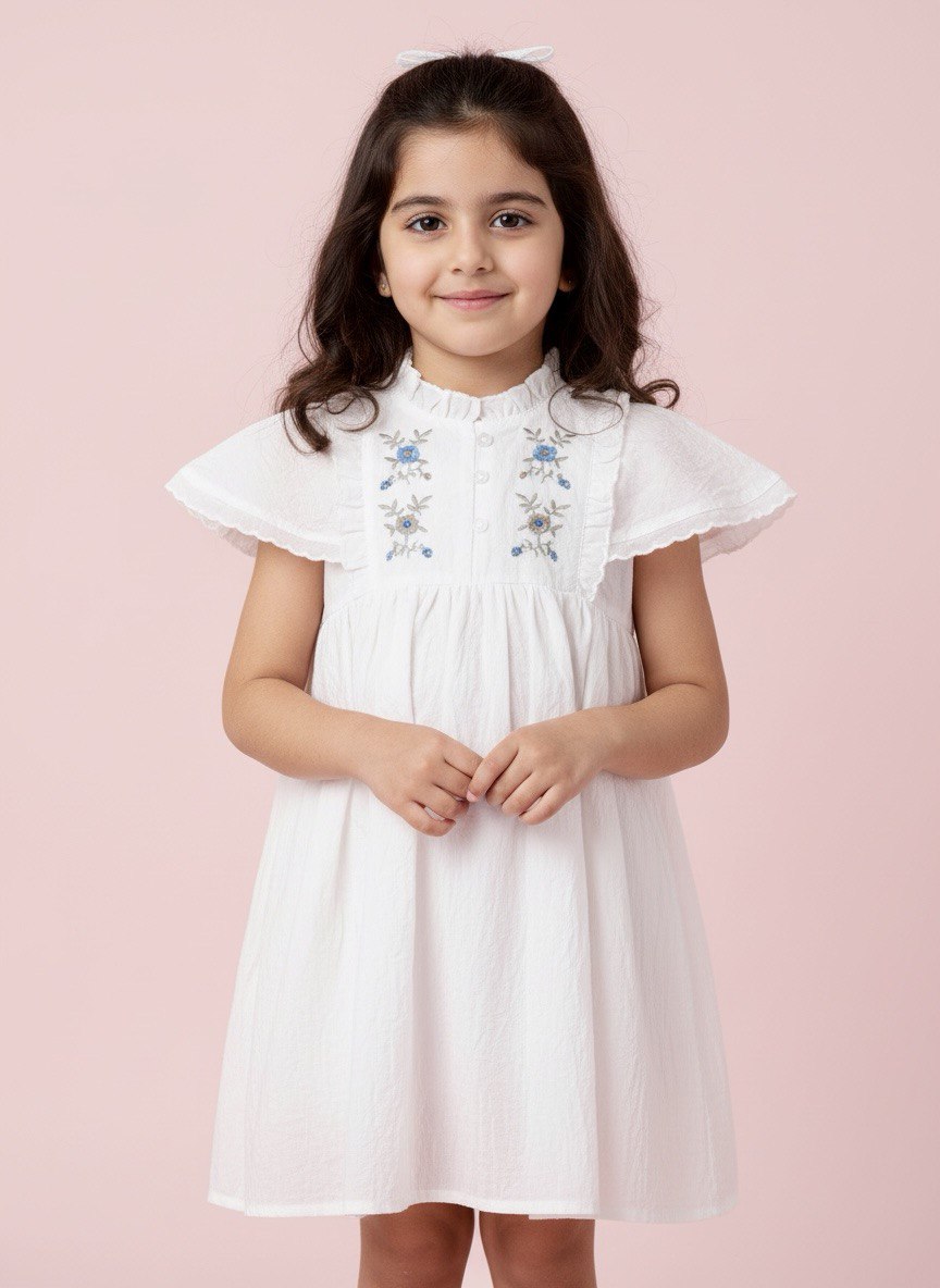 Embroidered Flutter Sleeve Dress