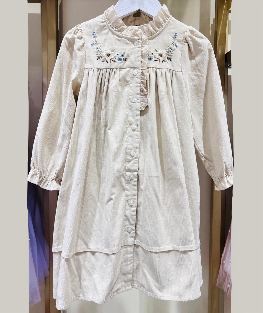 Embroidered Corduroy Ruffle Dress