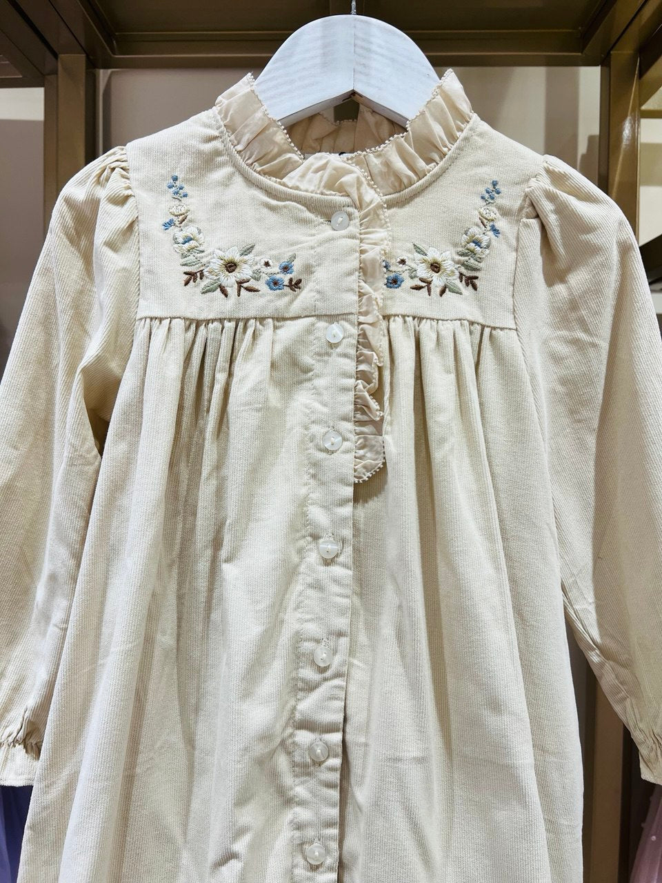 Embroidered Corduroy Ruffle Dress