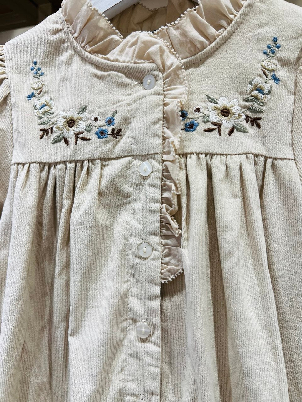 Embroidered Corduroy Ruffle Dress