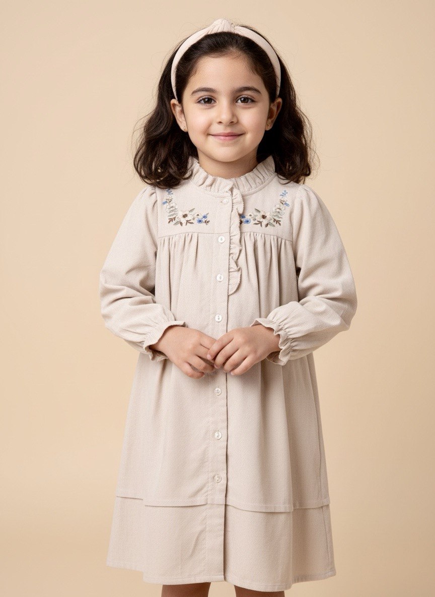 Embroidered Corduroy Ruffle Dress