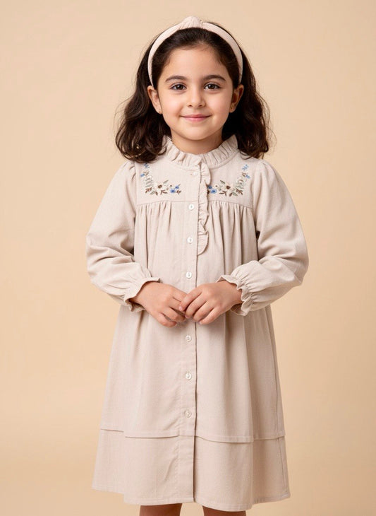 Embroidered Corduroy Ruffle Dress