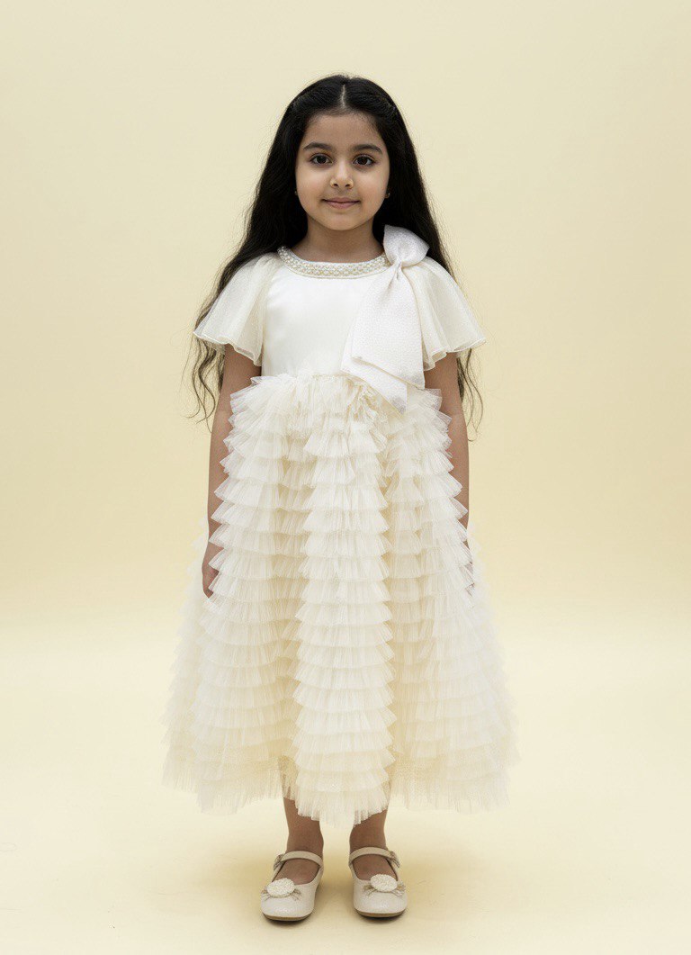 Yellow & Purple Pearl Ruffle Dress with Statement Bow