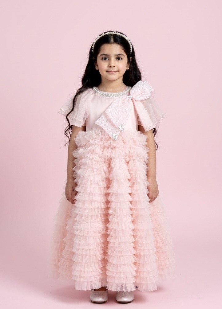 Yellow & Purple Pearl Ruffle Dress with Statement Bow