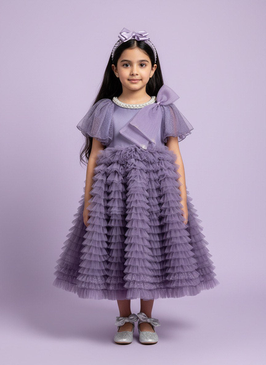 Yellow & Purple Pearl Ruffle Dress with Statement Bow