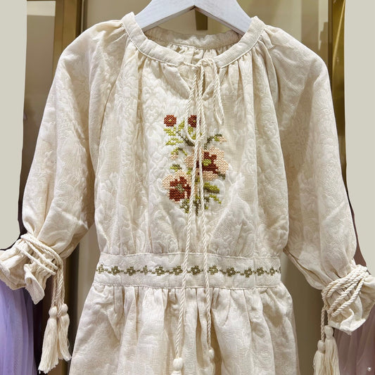 Embroidered Boho Dress for Girls - Long Sleeve, Tassel Ties