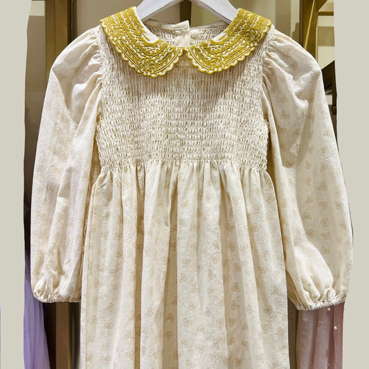 Linen Dress for Girls with Embroidered Collar - Long Sleeve