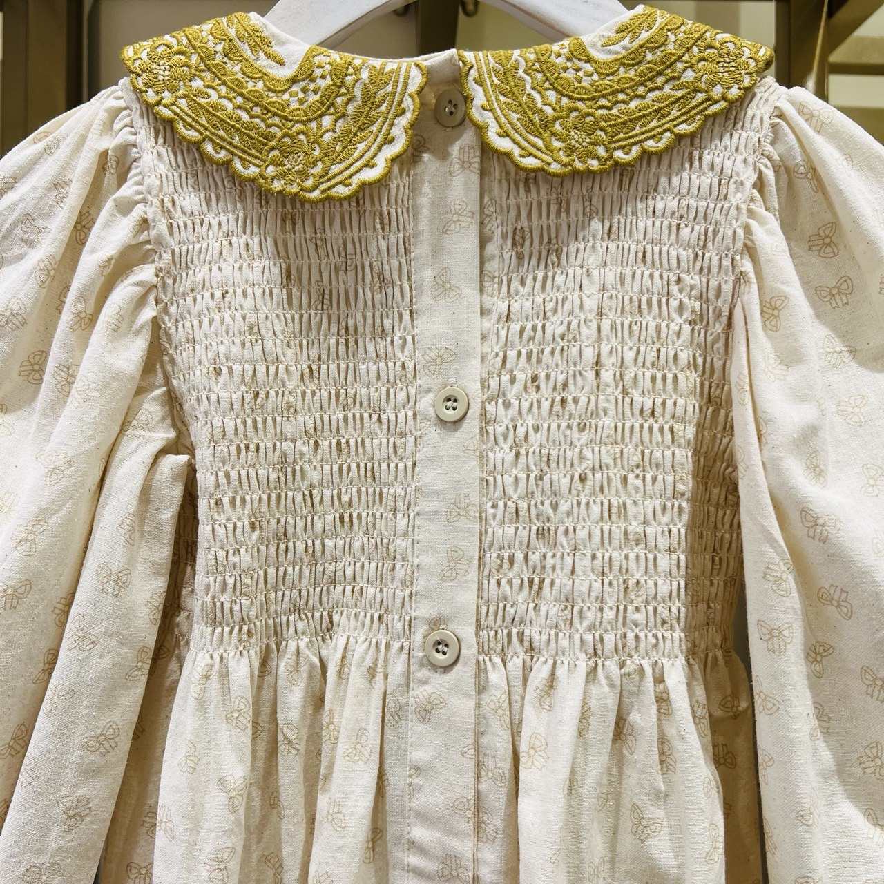 Linen Dress for Girls with Embroidered Collar - Long Sleeve