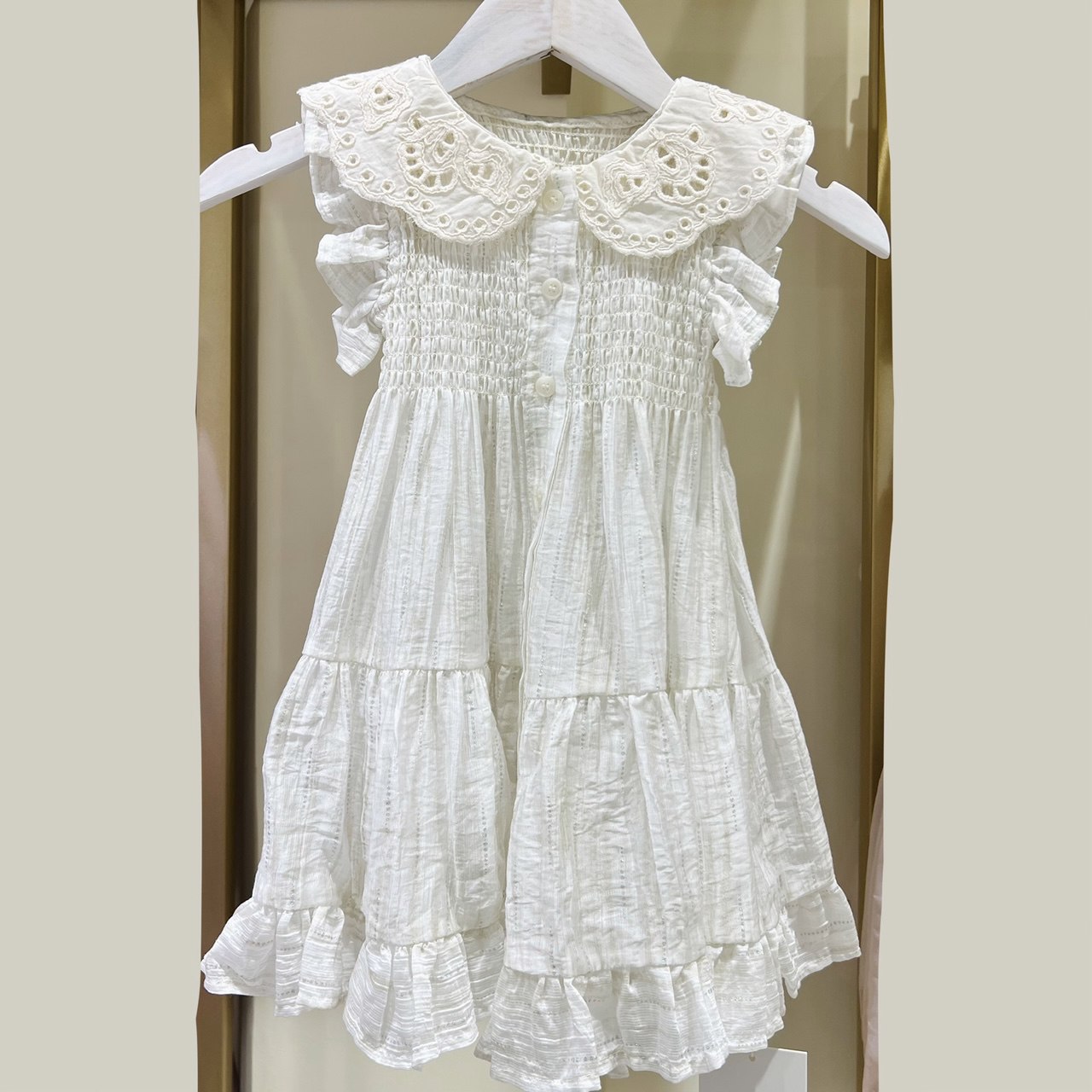White Smocked Dress for Girls with Embroidered Collar – Ruffle Sleeves